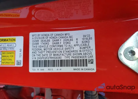 2024 Honda Civic Lx из США, поврежденный, VIN 2HGFE2F27RH508380